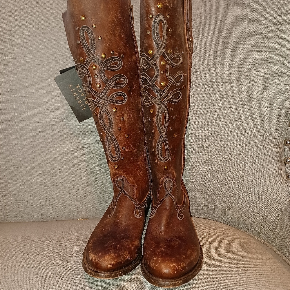 Nwob Liberty black genuine leather handmade boots studs embroidered 9.5